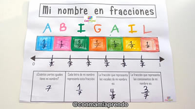 Mi nombre en fracciones, material gratuito para trabajar fracciones con las letras del nombre
