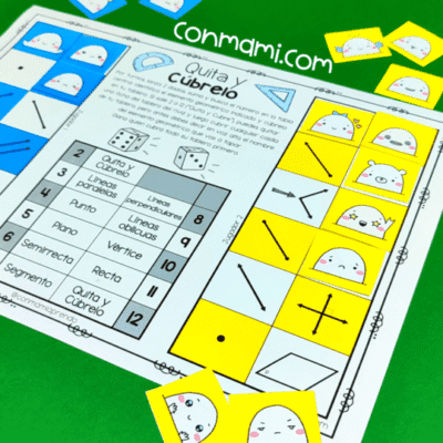 Actividad de geometría para imprimir: fichas kawaii del juego Quita y Cúbrelo