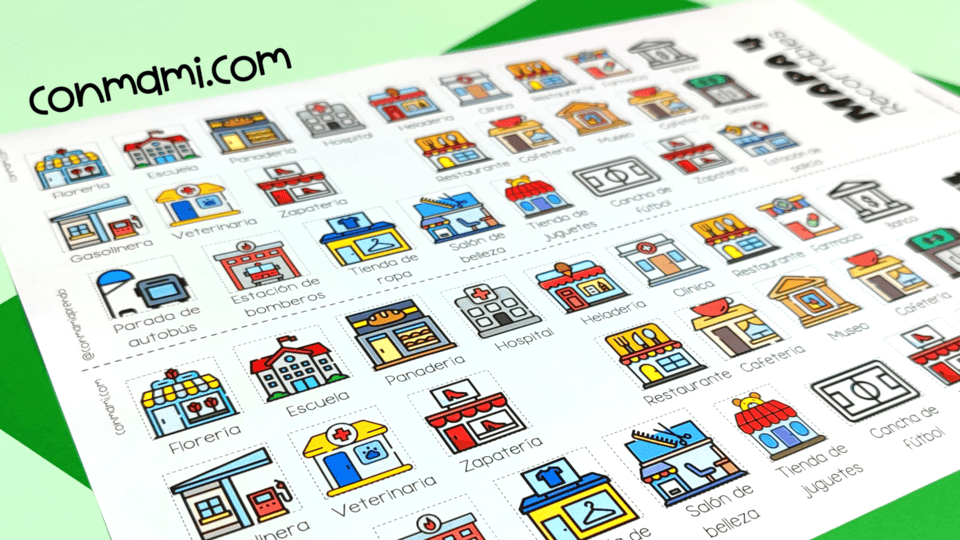 Edificios recortables a color para actividad de geometría para niños de primaria