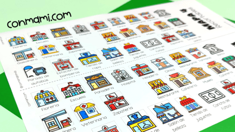 Edificios recortables a color para actividad de geometría para niños de primaria