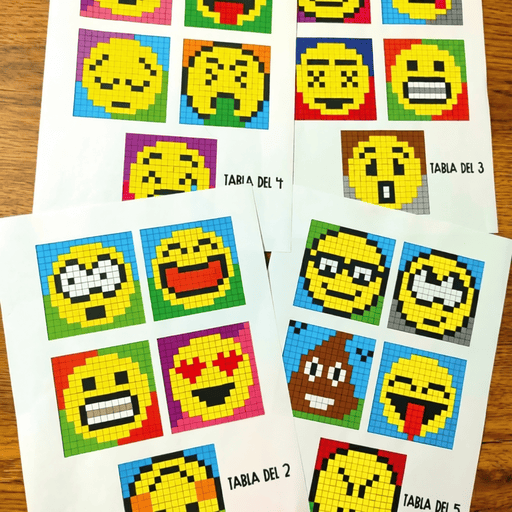 Emojis pixel art resueltos con multiplicaciones para primaria