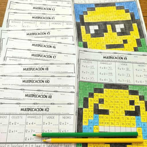 Ejemplo de plantilla de multiplicaciones con emojis en pixel art