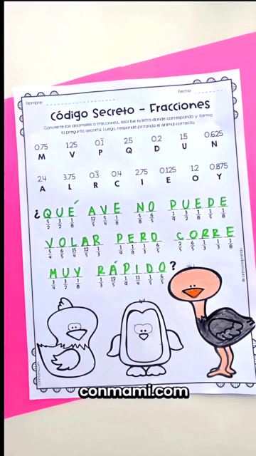 Conversión de decimales a fracciones en la hoja del material Código Secreto de fracciones