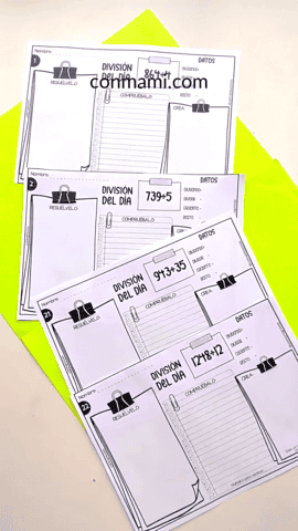Fichas de divisiones para la práctica diaria en blanco, listas para escribir la operación del día