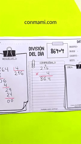 Sección Compruébalo de las fichas de división: verificar el resultado con la multiplicación