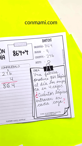 Secciones Datos y Crea de las fichas de divisiones: dividendo, divisor, cociente, resto y creación de un problema
