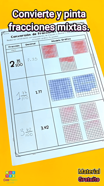 Hoja de ejercicios de conversión de fracciones y decimales con modelo gráfico para primaria