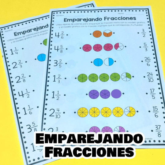 Ficha a color de ejercicios de fracciones mixtas a impropias con modelos gráficos