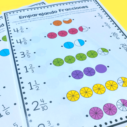 Segunda ficha de emparejamiento entre fracción mixta, modelo gráfico y fracción impropia