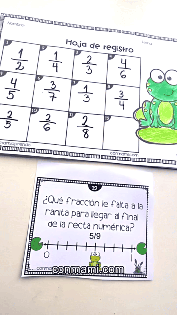 Tarjetas de fracciones en la recta numérica con la ranita para primaria