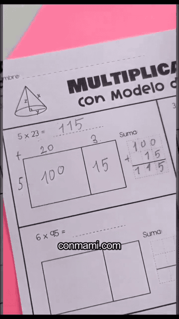 Ficha de Multiplicación con Modelo de Áreas: un número de una cifra por números de dos, tres y cuatro cifras