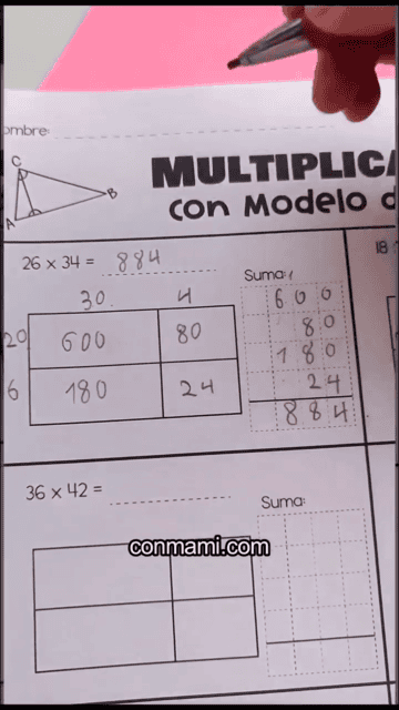 Multiplicación con Modelo de Áreas de dos cifras por dos cifras en una cuadrícula de cuatro casillas
