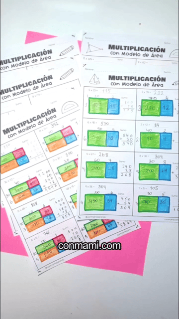 Las seis fichas del material gratuito de Multiplicación con Modelo de Áreas