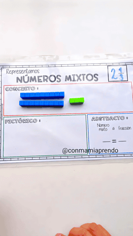 Representación concreta de un número mixto con bloques de fracciones de colores