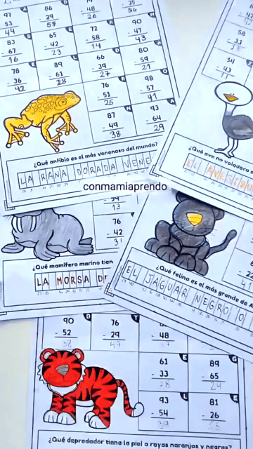 Las 5 fichas de resta y revela la respuesta resueltas