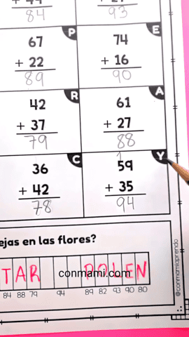 Resolviendo la última casilla de las sumas de 2 cifras de la ficha