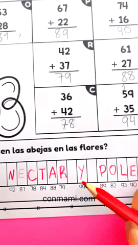 Escribiendo las letras encima de los resultados en Suma y revela la respuesta