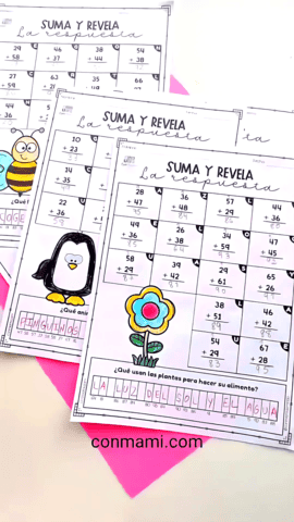 Tres fichas de Suma y revela la respuesta ya resueltas