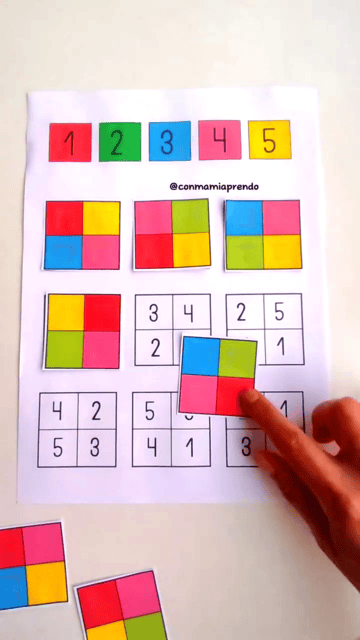 Actividad de atención y concentración para niños con varias fichas de colores ya colocadas