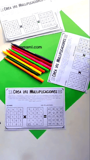 Crea las Multiplicaciones: fichas A5 en blanco con las tres cuadrículas de números y colores para marcar