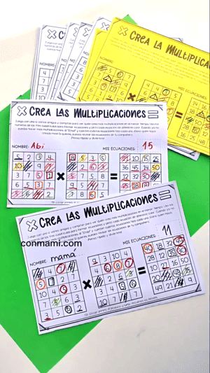 Varias fichas de Crea las Multiplicaciones resueltas y marcadas con distintos colores