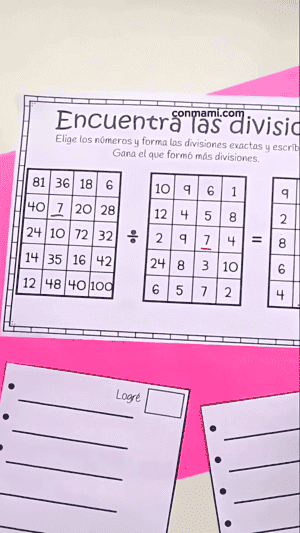 Ficha de Encuentra las divisiones con las cuadrículas vacías junto a la hoja de registro sin usar
