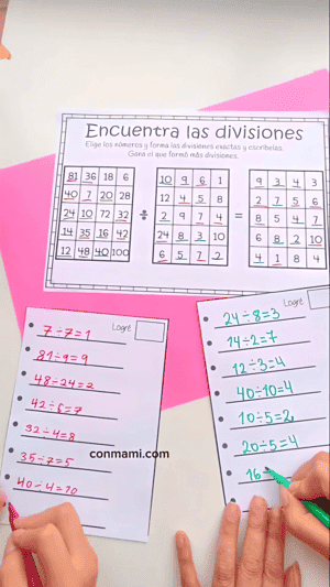 Ficha de Encuentra las divisiones con números marcados y la hoja de registro completándose durante el juego