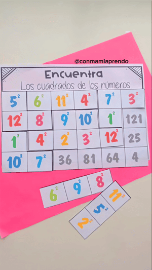 Plantilla de Encuentra los cuadrados de los números completada, con todas las fichas de colores encajadas en su lugar correcto