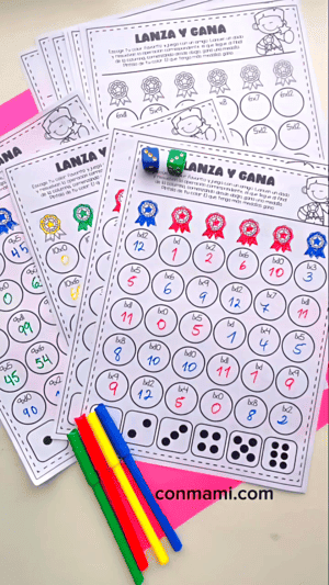 Plantillas de Lanza y Gana vacías y completadas con las multiplicaciones resueltas