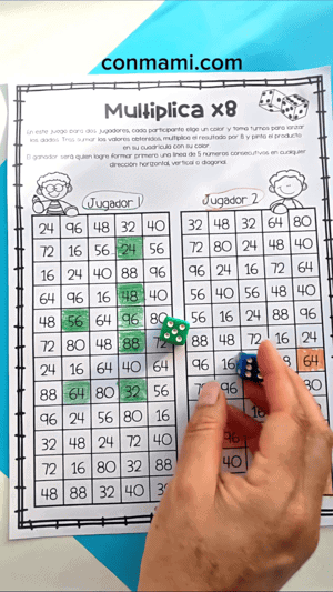 Plantilla de Multiplica y Gana con los dados y las primeras casillas pintadas al iniciar el juego de multiplicaciones