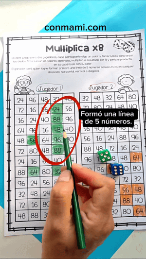 Cuadrícula de Multiplica y Gana con cinco números pintados en línea que indican al ganador de la partida