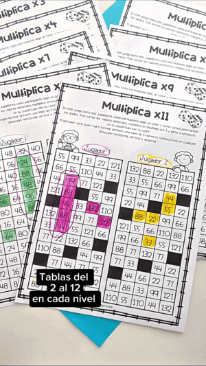 Varias plantillas de Multiplica y Gana desarrolladas con las tablas de multiplicar del 2 al 12