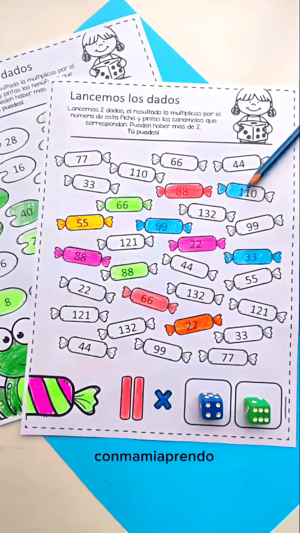 plantilla de caramelos de Lancemos los Dados terminada, con todas las figuras pintadas de distintos colores