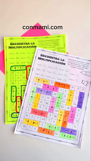 Dos plantillas completas de Encuentra las Multiplicaciones terminadas con todas las ecuaciones pintadas